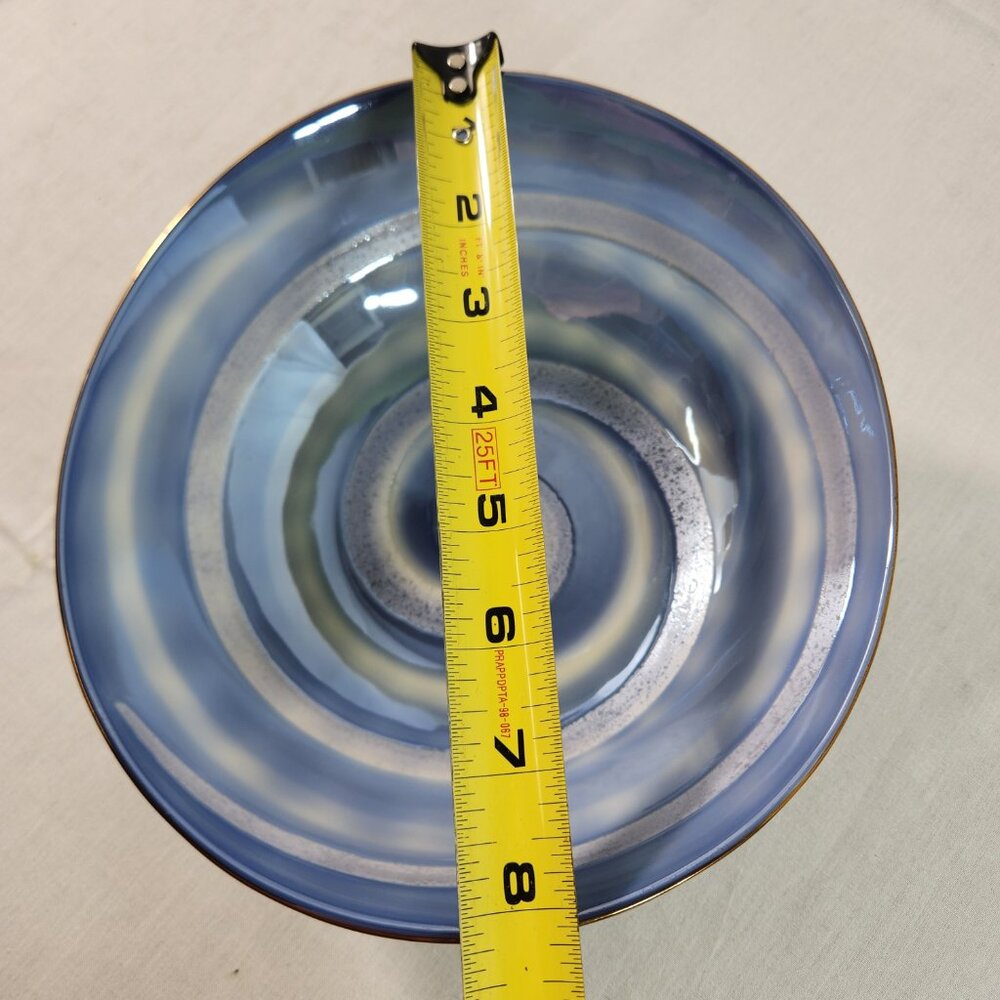 Japanese Ceramic Swirl Bowl Blue White Elongated Edge * Footed Shiny Inner Base - Picture 11 of 16